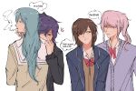  1other 3girls akiyama_mizuki arms_at_sides asahina_mafuyu black_cardigan blazer blue_hair blue_jacket bow bowtie brown_eyes brown_hair brown_sweater cardigan cigarette closed_mouth collared_shirt commentary english_commentary english_text grey_cardigan hair_between_eyes hand_up heart hinomori_shizuku jacket kamiyama_high_school_uniform_(project_sekai) lapels long_hair long_sidelocks long_sleeves looking_at_viewer looking_to_the_side middle_finger miyamasuzaka_girls'_academy_school_uniform mizshimaf multiple_girls notched_lapels open_clothes open_jacket pink_bow pink_bowtie pink_eyes pink_hair pink_shirt project_sekai purple_cardigan purple_eyes purple_hair sailor_collar school_uniform shinonome_ena shirt short_hair side_ponytail sidelocks sideways_glance simple_background smoke smoke_trail smoking speech_bubble sweatdrop sweater turning_head upper_body white_background white_sailor_collar 