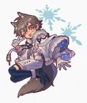  1boy :3 :q a_world_underneath ahoge animal_ears belt black_ribbon black_shoes blue_skirt blue_thighhighs boots brown_hair buttons chibi chibi_only cloak commentary double-breasted full_body fur-trimmed_cloak fur-trimmed_shoes fur_trim garu_(nu_carnival) gloves hair_between_eyes half_gloves hand_up highres karu_(nu_carnival) legs_up legwear_garter long_sleeves looking_at_viewer male_focus neck_ribbon nu_carnival nu_jyo official_alternate_costume one_eye_closed patterned_legwear pom_pom_(clothes) ribbon scar scar_on_face scar_on_nose shoes short_hair shorts skirt snow_print snowflakes solo tail thigh_strap thighhighs tongue tongue_out v v-shaped_eyebrows white_background white_belt white_cloak white_gloves white_shorts winter_clothes wolf_boy wolf_ears wolf_tail yellow_eyes 