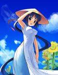  blue_eyes blue_hair blush_stickers breasts cloud copyright_request day dress flower hair_ribbon hand_on_headwear hat impossible_clothes impossible_dress long_hair looking_at_viewer midriff ponytail ribbon rice_hat sikorsky sky smile solo sunflower sweatdrop very_long_hair vietnamese_dress wind 