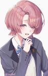  1girl arimura_mao asymmetrical_bangs black_jacket blue_ribbon blush commentary_request gakuen_idolmaster hatsuboshi_gakuen_school_uniform highres idolmaster jacket long_sleeves looking_at_viewer ma7bell neck_ribbon pink_hair purple_eyes ribbon school_uniform shirt short_hair simple_background smile solo sweater_vest twitter_username upper_body white_background white_shirt 