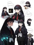  1boy 1girl absurdres aeng-du_(project_moon) angry bamboo-hatted_kim biscuit_(bread) black_eyes black_hair black_hanbok black_hoodie black_pants black_skirt black_vest blue_fire blunt_bangs blush chibi chibi_inset co_duck collared_shirt commentary computer computer_mouse covered_face cropped_vest drink drinking_straw drooling drooling_cat_(meme) eating embarrassed fire food full_body hairband hanbok hat highres holding_own_stomach hood hoodie huffing id_card jacket jingasa korean_clothes korean_text laptop limbus_company long_hair looking_up mechanical_arms mechanical_hands meme multiple_views necktie open_clothes open_hoodie pants pants_under_skirt project_moon prosthesis prosthetic_arm prosthetic_hand red_hairband red_necktie reference_inset rice_hat saliva serious shaded_face shirt simple_background skirt suit suit_jacket thumbs_up torn_clothes torn_hat translated untranslatable_commentary upper_body vest white_background white_shirt white_trim 