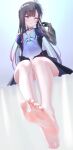  1girl absurdres bare_legs barefoot black_gloves black_hair black_shrug blue_eyes blue_hair blunt_bangs breasts closed_mouth colored_inner_hair commentary_request dress earrings feet foot_focus foreshortening from_behind gloves gradient_hair hair_ornament head_ornament highres honkai:_star_rail honkai_(series) hysilens_(honkai:_star_rail) jewelry large_breasts legs long_hair long_sleeves looking_at_viewer multicolored_hair naoa_ao pearl_earrings presenting_own_foot ribs see-through_body shrug_(clothing) sitting soles solo toenails toes very_long_hair x_hair_ornament 