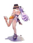  2girls bare_shoulders belle_(summer_skies)_(zenless_zone_zero) belle_(zenless_zone_zero) bikini bikini_under_clothes blue_hair bow bucket_hat closed_eyes commentary commission frilled_one-piece_swimsuit frilled_wrist_cuffs frills from_side hair_ornament hat highres hug long_hair multiple_girls off-shoulder_shirt off_shoulder official_alternate_costume one-piece_swimsuit orange_shorts parted_lips pointy_ears purple_bow purple_hair purple_nails serakuyar shirt short_hair shorts simple_background smile sphere_hair_ornament swimsuit tied_shirt two-tone_one-piece_swimsuit vivian_banshee vivian_banshee_(iris_of_the_shore) white_background white_one-piece_swimsuit wrist_cuffs yuri zenless_zone_zero 