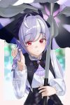  1girl absurdres ahoge ascot blurry blurry_background blush bow bowtie daldaldraw gem hairband highres holding long_hair long_sleeves looking_at_viewer mole mole_under_eye multicolored_hair pointy_ears purple_ascot purple_bow purple_bowtie purple_gem purple_hair purple_hairband purple_umbrella red_eyes shirt shrug_(clothing) solo streaked_hair umbrella vivian_banshee watermark white_shrug zenless_zone_zero 