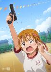  1girl asukamama89 bandana commentary commission finger_in_own_ear flinch futari_wa_precure futari_wa_precure_max_heart gun gym_uniform handgun highres misumi_nagisa orange_eyes orange_hair pixiv_commission precure red_bandana shirt short_hair sports_festival starting_pistol surprised sweat tears teeth tongue weapon white_shirt 