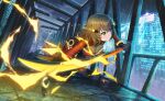  1girl black_border bodysuit border breasts brown_hair building city city_lights cityscape commentary_request electricity fire game_asset gloves green_eyes hair_ornament hairclip highres holding holding_sword holding_weapon katana letterboxed lightning looking_at_viewer night non-web_source official_art pillarboxed rain science_fiction self-datamine shiromaru_mito short_hair skyscraper solo sword weapon world_dai_star 