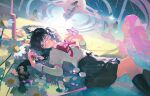  5girls absurdres akemi_homura black_hair black_skirt black_socks bow bowtie braid bug butterfly butterfly_on_hand chaconne chamomile chinese_commentary clock closed_eyes commentary_request crying field flower flower_field glasses hair_bow hands_up highres holding juliet_sleeves kaname_madoka kaname_madoka_(magical_girl) knee_up knees long_hair long_sleeves looking_at_object lying magical_girl mahou_shoujo_madoka_magica mahou_shoujo_madoka_magica_(anime) mitakihara_school_uniform multiple_girls on_back parted_lips pink_bow pink_bowtie pink_hair puffy_sleeves purple_eyes red-framed_eyewear school_uniform semi-rimless_eyewear shirt skirt sky socks star_(sky) starry_sky twin_braids white_bow yellow_shirt 