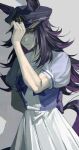  1girl absurdres adjusting_clothes adjusting_headwear animal_ears black_hair bow bowtie closed_mouth commentary ears_through_headwear fenomeno_(umamusume) flipped_hair hat highres horse_ears horse_girl horse_tail horseshoe_hat_ornament horseshoe_ornament kago1zq long_hair multicolored_hair peaked_cap pleated_skirt puffy_short_sleeves puffy_sleeves purple_bow purple_bowtie purple_eyes purple_hair purple_shirt sailor_collar sailor_shirt school_uniform shirt short_sleeves simple_background skirt summer_uniform tail tracen_school_uniform umamusume white_sailor_collar white_skirt 