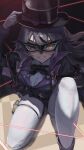 1girl absurdres black_bow blue_eyes bow braid breasts collared_shirt commentary_request eye_mask gloves goddess_of_victory:_nikke grey_hair hat heterochromia highres kneeling large_breasts laser laser_hallway long_hair long_sleeves looking_at_viewer mask multicolored_hair open_mouth pantyhose phantom_(nikke) shirt smile solo streaked_hair thigh_strap top_hat toricky white_gloves white_pantyhose white_shirt yellow_eyes 