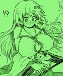  !? 1girl blush breast_expansion breasts bursting_breasts button_gap cleavage collared_shirt commentary_request detached_sleeves efukei embarrassed flying_button frog_hair_ornament green_theme hair_ornament hair_tubes highres kochiya_sanae large_breasts monochrome shirt single_hair_tube skirt sleeveless sleeveless_shirt snake_hair_ornament solo sweatdrop touhou translation_request 