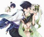 1boy 1girl :< :p armlet armor belt bishounen black_belt black_bow black_bridal_gauntlets black_hair black_shorts bloomers blue_sleeves blunt_ends blush blush_stickers bow braid bridal_gauntlets bright_pupils cape choppy_bangs closed_mouth colored_tips commentary_request couple cross-shaped_pupils detached_sleeves disembodied_head dress drop_shadow embarrassed eye_contact eyelashes eyeliner face-to-face fingernails furisode genshin_impact gold_armlet gold_ring gold_trim green_cape green_eyes green_hair green_sleeves hair_between_eyes hair_intakes hair_ornament half_crown_braid hand_grab hand_on_another's_face hand_on_another's_hand hand_on_another's_stomach heart heart_hair_ornament hetero highres japanese_armor japanese_clothes jewelry kimono kote kurokote layered_sleeves leaf leaf_hair_ornament long_hair looking_at_another makeup middle_ring multicolored_hair nahida_(genshin_impact) onigiri_po_0205 open_mouth pointy_ears purple_hair purple_rope purple_sash red_eyeliner rope sash scaramouche_(cat)_(genshin_impact) scaramouche_(genshin_impact) short_dress short_sleeves shorts side_ponytail sidelocks smile streaked_hair sweatdrop symbol-shaped_pupils tassel teasing tongue tongue_out tsurime wanderer_(genshin_impact) white_background white_bloomers white_dress white_hair white_kimono white_pupils white_sleeves 