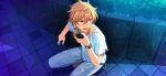  1boy blonde_hair bracelet brown_eyes ensemble_stars! fingernails game_asset hair_between_eyes hakaze_kaoru happy_elements holding holding_walkie-talkie jewelry kaitou_fake_(ensemble_stars!) lower_teeth_only male_focus multiple_rings necklace official_art open_mouth ring shirt short_sleeves solo squatting teeth third-party_source walkie-talkie watch white_shirt wolf_cut wristwatch 
