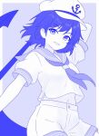  1girl :d anchor anchor_symbol arm_behind_head arm_up blue_background blue_eyes blue_hair blue_neckerchief blue_sailor_collar blue_theme blush border buttons commentary contrast_collar cowboy_shot flat_cap floating_clothes floating_hair floating_neckwear from_side grin hat looking_at_viewer medium_hair midriff_peek monochrome murasa_minamitsu navel neckerchief open_mouth outside_border outstretched_arm sailor_collar sailor_shirt shira14 shirt short_shorts short_sleeves shorts sideways_glance simple_background sleeve_cuffs smile solo striped_clothes touhou v-shaped_eyebrows white_border white_hat white_shorts 