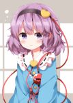  1girl blue_shirt blush breasts brown_hairband buttons closed_mouth collared_shirt commentary_request disembodied_linked_eye eyeball frilled_shirt_collar frills hair_ornament hairband heart heart_button heart_hair_ornament highres komeiji_satori long_sleeves looking_at_viewer medium_hair purple_eyes purple_hair ribbon-trimmed_collar ribbon_trim ruu_(tksymkw) shirt sleepy small_breasts solo squeans touhou 