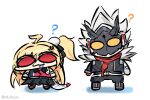  1boy 1girl :3 ? ahoge billy_kid billy_kid_(starlight) black_jacket blonde_hair chalky_(zenless_zone_zero) chibi chibi_only cissia_(zenless_zone_zero) clothed_robot commentary drooling full_body fur-trimmed_jacket fur_trim hair_between_eyes hair_ornament highres horns humanoid_robot jacket long_hair looking_at_viewer pom_pom_(clothes) pom_pom_hair_ornament red_eyes red_scarf robot robot_boy scarf simple_background snake snake_girl snake_tail spiked_hair tail white_background white_hair white_snake wtvr_ccc yellow_eyes zenless_zone_zero 