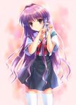  clannad fujibayashi_kyou goto_p hikarizaka_private_high_school_uniform long_hair pleated_skirt purple_hair ribbon school_uniform skirt solo thighhighs zettai_ryouiki 