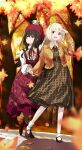  2girls absurdres autumn autumn_leaves black_pantyhose blonde_hair brown_cardigan brown_dress brown_hair cardigan closed_mouth commentary_request dress falling_leaves highres holding_hands inoue_takina leaf long_hair lycoris_recoil multiple_girls nishikigi_chisato open_mouth outdoors pantyhose pinafore_dress purple_eyes red_dress red_eyes sengoku_chidori shirt short_hair sleeveless sleeveless_dress smile socks stuffed_animal stuffed_toy tree white_shirt white_socks yuri 