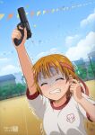  1girl asukamama89 bandana clenched_teeth closed_eyes commentary commission finger_in_own_ear futari_wa_precure futari_wa_precure_max_heart gun gym_uniform handgun highres misumi_nagisa orange_hair pixiv_commission precure red_bandana scared shaded_face shirt short_hair sports_festival starting_pistol sweat teeth trembling weapon white_shirt 