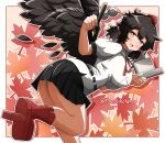  1girl :d absurdres bent_over bird_wings black_feathers black_hair black_skirt black_wings blush book border breasts bright_pupils collared_shirt commentary feathered_wings feathers foot_out_of_frame from_side geta hat highres holding holding_book holding_pen large_breasts leaf looking_at_viewer maple_leaf messy_hair miniskirt open_mouth outline outside_border panties pantyshot pen pleated_skirt pom_pom_(clothes) red_eyes red_hat shameimaru_aya shirt short_hair short_sleeves skirt smile solo tengu-geta tokin_hat touhou turning_head underwear untranslatable_commentary white_border white_outline white_panties white_pupils white_shirt wings yamabikoyahoo 