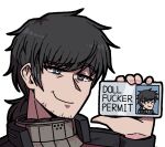  1boy bad_link black_hair blue_eyes closed_mouth commander_(girls'_frontline) commission commissioner_upload facial_hair girls'_frontline girls'_frontline_2:_exilium head_tilt holding holding_id_card id_card karepack long_hair low_ponytail meme ponytail portrait smile solo the_emperor's_new_groove 