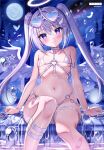  1girl absurdres ahoge akabane_(zebrasmise) angel angel_wings arm_belt arm_support armpit_crease artist_name bandaid bandaid_on_leg bare_arms bare_shoulders bikini blush bracelet breasts bug butterfly castle choppy_bangs closed_mouth collarbone dengeki_moeoh eyewear_on_head falling_feathers feathered_wings feathers feet_out_of_frame full_moon grey_hair groin hair_between_eyes hair_ornament halo head_tilt heart heart_hair_ornament heart_o-ring highres jewelry leg_belt lingerie long_hair looking_at_viewer magazine_scan micro_bikini moon navel night o-ring o-ring_bikini original page_number purple_eyes revealing_clothes scan shiny_skin shooting_star sideboob sitting skindentation small_breasts smile solo sparkle star_(sky) stomach swimsuit third-party_source twintails underboob underwear very_long_hair water water_drop wet white_bikini white_feathers white_halo white_wings wing_hair_ornament wings 