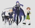  1boy 2girls alternate_costume animal bell-bottoms belt black_bow black_bowtie black_cape black_capelet black_gloves black_jacket black_necktie black_pants black_ribbon black_shoes black_skirt black_socks black_vest blonde_hair blue_fur blue_hair blue_shoes bow bowtie braid braided_hair_rings brown_belt brown_eyes brown_hair cape capelet clothed_animal commentary_request dekopoko dog dress_shirt flower full_body gloves green_eyes green_shorts grey_background hair_flower hair_ornament hair_rings hand_on_own_hip hands_on_own_hips highres jacket judith_(tales) karol_capel kiseru kneehighs loafers long_hair mary_janes multiple_girls neck_ribbon necktie one_eye_closed open_mouth pant_suit pants patty_fleur pigeon-toed pleated_skirt pointing pointing_at_self ponytail puffy_short_sleeves puffy_sleeves repede_(tales) ribbon scar scar_across_eye scar_on_face shirt shoes short_hair short_sleeves shorts simple_background skirt smile smoking_pipe socks standing striped_clothes striped_pants striped_vest suit sunflower sunflower_hair_ornament suspenders tales_of_(series) tales_of_vesperia tie_clip twin_braids vertical-striped_clothes vertical-striped_pants vertical-striped_vest vest waistcoat white_shirt white_socks 