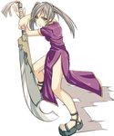  artist_request china_dress chinese_clothes copyright_request dao dress sandals silver_hair solo sword thighs twintails weapon yellow_eyes 