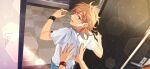  2boys blonde_hair blush checkered_floor date_plan_(ensemble_stars!) doorknob ensemble_stars! eyes_visible_through_hair fingernails floating_neckwear from_above game_asset grey_eyes hakaze_kaoru hands_on_another's_back happy_elements jewelry lower_teeth_only male_focus morisawa_chiaki multiple_boys multiple_rings necklace official_art open_door open_hands open_mouth out_of_frame ring shirt short_sleeves switch teeth third-party_source white_shirt 