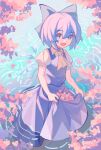  1girl :d ascot blue_bow blue_dress blue_eyes blue_hair bow chinese_commentary cirno collared_shirt commentary_request detached_wings dress hair_bow highres ice ice_wings looking_at_viewer minuo open_mouth petals pinafore_dress pink_petals puffy_short_sleeves puffy_sleeves ripples shirt short_hair short_sleeves skirt_basket sleeveless sleeveless_dress smile solo touhou wading water white_shirt wings yellow_ascot 