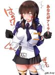  1boy 1girl admiral_(kancolle) black_skirt blue_hairband blue_necktie blue_ribbon blue_thighhighs breasts brown_hair commentary_request cowboy_shot freckles grabbing_another's_breast green_eyes groping hairband jacket kantai_collection large_breasts lingerie_(aki3240) long_hair mogador_(kancolle) molestation necktie one-hour_drawing_challenge out_of_frame purple_necktie ribbon skirt thighhighs tie_clip two-tone_legwear white_background 
