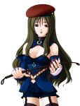  1girl 2000s_(style) beret black_thighhighs breasts brown_hair cleavage collar detached_sleeves dominatrix ferises game_asset garter_straps green_hair hat holding large_breasts lipstick long_hair looking_at_viewer mahou_senshi_(series) mahou_senshi_princess_tear makeup nail_polish non-web_source official_art open_mouth purple_eyes red_nails riding_crop saitou_natsuki self-datamine shorts simple_background smile solo standing tachi-e thighhighs transparent_background variant_set whip 