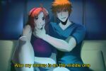  1boy 1girl bleach blonde_hair brown_eyes commentary couch dark_room hairband highres holding_check inoue_orihime kurosaki_ichigo living_room looking_at_viewer on_couch opalis orange_hair sitting television watching_television 