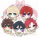  5boys ahoge arm_at_side bangs_pinned_back black_hair blonde_hair blue_eyes blue_flower blue_rose bow bright_pupils brown_hair chibi closed_mouth commentary curtained_hair double-parted_bangs dream_diary_(ensemble_stars!) ensemble_stars! flower frilled_sleeves frills green_eyes grid_background hair_ornament hairclip hand_up heart hidaka_hokuto highres holding holding_flower isara_mao long_sleeves looking_at_viewer male_focus mani_(pukakaka09) morisawa_chiaki multiple_boys official_alternate_costume one_eye_closed open_mouth orange_flower orange_rose petals pink_bow pink_flower pink_petals pink_rose purple_eyes purple_flower purple_rose red_eyes red_hair rose short_hair smile sparkle suou_tsukasa tenshouin_eichi twitter_username white_flower white_pupils yellow_flower 