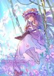  1girl absurdres barefoot blue_bow blue_flower blue_petals bow breasts capelet chinese_commentary closed_mouth commentary_request crescent crescent_hat_ornament day dress falling_petals flower full_body hat hat_ornament highres long_hair looking_at_viewer medium_breasts patchouli_day patchouli_knowledge petals pink_capelet pink_dress pink_flower pink_hat pink_petals purple_eyes red_bow sample_watermark shouxishao_jiuyuan smile solo toes touhou very_long_hair watermark watermark_grid 