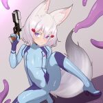  1girl absurdres animal_ear_fluff animal_ears artist_name blue_bodysuit bodysuit breasts chenki_(chenki) closed_mouth commentary cosplay english_commentary fox_ears fox_girl fox_tail gun handgun high_heels highres holding holding_gun holding_weapon metroid paralyzer phase_connect purple_eyes samus_aran samus_aran_(cosplay) small_breasts solo tail tenma_maemi tentacles thick_eyebrows thick_eyelashes v-shaped_eyebrows weapon white_hair zero_suit 