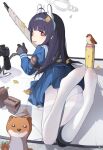  1girl absurdres bird black_gloves black_hair blue_archive blue_serafuku blue_shirt blue_skirt bolt_action commentary from_behind gloves grey_halo gun halo highres leaf legs long_hair looking_at_viewer looking_back miyu_(blue_archive) mosin-nagant no_shoes panties pantyhose pleated_skirt red_eyes rifle sailor_collar school_uniform serafuku shirt skirt sniper_rifle solo toes underwear untranslatable_commentary weapon white_panties white_pantyhose yuhezi 