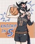  animal_ears ball bandaid bandaid_on_face basketball_(object) basketball_uniform closed_eyes commentary embarrassed english_commentary failureformula highres horse_ears horse_girl horse_tail injury manhattan_cafe_(umamusume) national_basketball_association new_york_knicks pointing pointing_at_viewer shorts sportswear tail umamusume 
