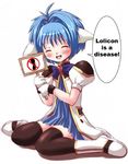  artist_request black_legwear full_body galaxy_angel gold_trim hair_intakes holding holding_sign light_blue_hair macro mint_blancmanche no_symbol pedophile short_hair sign simple_background solo speech_bubble thighhighs white_background 