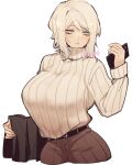  09wave_hb 1girl belt black_belt blue_eyes breasts brown_pants cellphone commentary_request faust_(project_moon) highres holding holding_phone holding_unworn_clothes holding_unworn_jacket jacket large_breasts limbus_company looking_to_the_side pants phone project_moon simple_background solo sweater turtleneck turtleneck_sweater twitter_username unworn_jacket white_background white_hair 