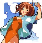  blush_stickers breasts casual_one-piece_swimsuit cleavage dutch_angle kantoku komaki_manaka medium_breasts one-piece_swimsuit one_eye_closed open_clothes open_shirt orange_hair orange_swimsuit sack shirt smile solo swimsuit to_heart_2 