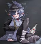  1girl alcohol arknights bandaged_ankle bird_girl black_hair black_pantyhose blush bottle braid coat commentary_request drooling drunk feet flat_cap fur-trimmed_coat fur_trim hair_over_one_eye hat head_wings highres holding holding_bottle long_hair long_sleeves looking_at_viewer neck_ribbon pantyhose pointy_ears purple_eyes red_ribbon ribbon sitting solo squeans swtasesmianbao thighband_pantyhose ukusik_(arknights) wings 