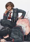  2girls ass black_hair brown_eyes brown_hair collared_shirt commentary covering_own_mouth dark-skinned_female dark_skin highres jacket limbus_company long_hair long_sleeves multiple_girls necktie one_eye_closed open_mouth outis_(project_moon) pants pants_around_thighs project_moon red_eyes red_necktie ryoshu_(project_moon) shirt short_hair simple_background spanked suit top-down_bottom-up tresmarrow whip_marks white_background white_shirt yuri 