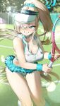  1girl absurdres alternate_costume aqua_choker aqua_nails asuna_(blue_archive) blonde_hair blue_archive blush breasts choker cleavage commentary cropped_shirt fingernails hair_ornament hair_scrunchie halo high_ponytail highres holding holding_tennis_racket kneehighs large_breasts long_hair microskirt millennium_science_school_logo mole mole_on_breast nail_polish playing_sports pleated_skirt ponytail racket scrunchie shirt skirt sleeveless sleeveless_shirt smile socks solo sweat tennis_court tennis_racket very_long_hair visor_cap walking_nakta white_shirt white_socks wristband 