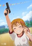  1girl asukamama89 bandana clenched_teeth closed_eyes commentary commission finger_in_own_ear futari_wa_precure futari_wa_precure_max_heart gun gym_uniform handgun highres misumi_nagisa nervous orange_hair pixiv_commission precure red_bandana shirt short_hair sports_festival starting_pistol sweat teeth trembling weapon white_shirt 