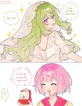  2girls blood blood_from_mouth closed_eyes commentary dress english_text green_hair highres kusanagi_nene long_hair marriage_proposal multiple_girls ootori_emu pink_hair project_sekai purple_eyes ring_box simple_background sparkle speech_bubble the_coconutnut twitter_username untranslatable_commentary wedding_dress white_background white_dress yuri 