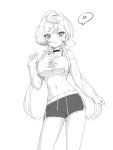  1girl absurdres anger_vein arm_at_side blush breasts choker commentary cowboy_shot cropped_sweater dolphin_shorts drawstring greyscale gumikun12 hand_up hebi_(vtuber) highres indie_virtual_youtuber jellyfish_cut long_hair long_sleeves looking_at_viewer low_twintails monochrome off-shoulder_sweater off_shoulder open_mouth parted_bangs print_sweater short_shorts shorts simple_background small_sweatdrop snake_print solo speech_bubble spoken_anger_vein standing stomach sweater twintails underboob virtual_youtuber 