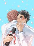  2boys black_hair blue_background blush brown_hair closed_eyes closed_mouth commentary crying diploma diploma_tube english_commentary falling_petals graduation haikyuu!! highres holding holding_diploma hug iwaizumi_hajime male_focus multiple_boys oikawa_tooru_(haikyuu!!) petals pink_petals shiromaru_haiji short_hair suit tears upper_body white_suit 