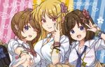 alternate_costume bardiche_(nanoha) bardiche_(standby_form)_(nanoha) blonde_hair blue_eyes blue_necktie bow bowtie bracelet breasts brown_hair collared_shirt commentary_request dated dress_shirt fate_testarossa gyaru hair_ornament inward_w jewelry long_hair lyrical_nanoha mahou_shoujo_lyrical_nanoha_strikers necktie one_eye_closed pucho raising_heart raising_heart_(standby_mode) red_eyes school_uniform schwertkreuz schwertkreuz_(standby_form) shirt short_hair side_ponytail striped_background takamachi_nanoha w watermark white_shirt x_hair_ornament yagami_hayate 