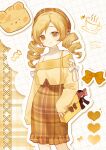 1girl absurdres bag bag_bow bag_charm blonde_hair brown_skirt character_charm charlotte_(madoka_magica) charm_(object) commentary_request dated drill_hair grid_background halterneck hat highres jacket kurokami_nekoya looking_at_viewer mahou_shoujo_madoka_magica mahou_shoujo_madoka_magica_(anime) off-shoulder_jacket off_shoulder pencil_skirt plaid_clothes plaid_hat plaid_skirt skirt smile solo sweater tomoe_mami twin_drills white_sweater yellow_bag yellow_jacket yellow_theme 