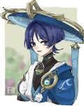  1boy aqua_gem arms_at_sides black_bodysuit blue_cape blue_hat blue_jingasa blue_kimono blue_sleeves blunt_ends blurry blurry_background bodysuit border cape choppy_bangs commentary_request cropped_torso eyeliner gem genshin_impact gold hat highres japanese_clothes jingasa juban kaze_oshi27 kimono layered_sleeves looking_at_viewer makeup male_focus mandarin_collar open_clothes open_kimono open_mouth pom_pom_(clothes) portrait purple_eyes purple_hair purple_rope red_eyeliner rope scaramouche_(genshin_impact) short_sleeves shoulder_peek side_cape solo teeth tsurime upper_teeth_only vision_(genshin_impact) wanderer_(genshin_impact) white_border white_kimono white_sleeves 